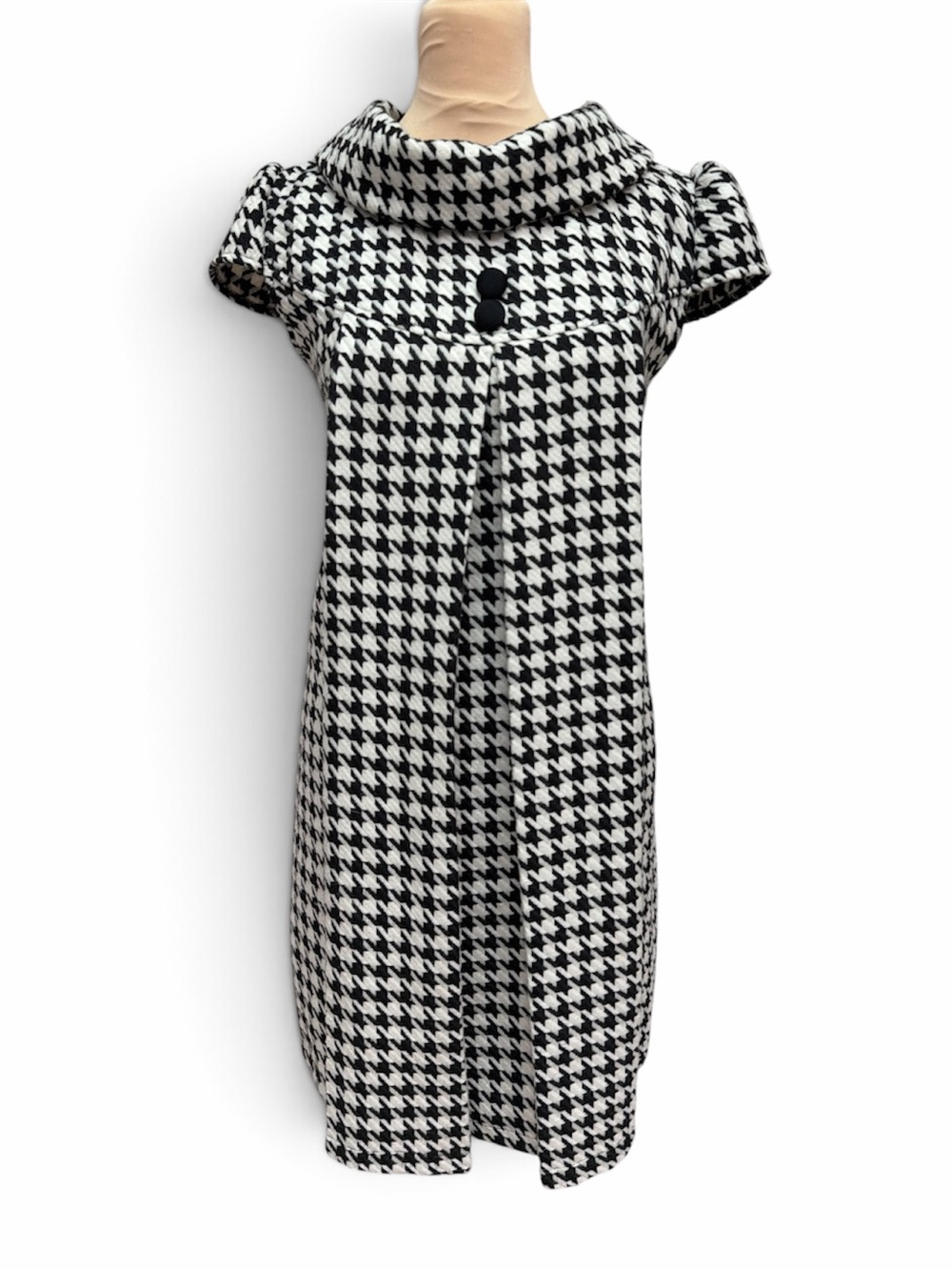 Papillon Blanc Black and White Houndstooth Midi Dress with Cowl Collar